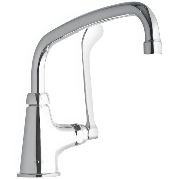 A Zurn Elkay deck-mounted faucet with a silver and chrome finish and a single wristblade handle.