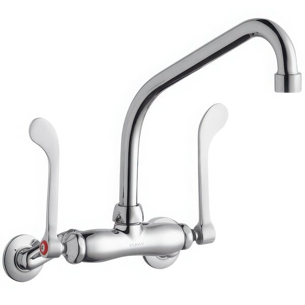 A silver Zurn wall-mounted faucet with wristblade handles.