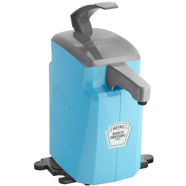 A blue and grey rectangular Heinz Keystone plastic countertop pump dispenser with a black handle.