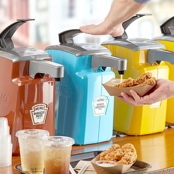 A person pouring Heinz Ranch from a pump dispenser into a bowl of food.