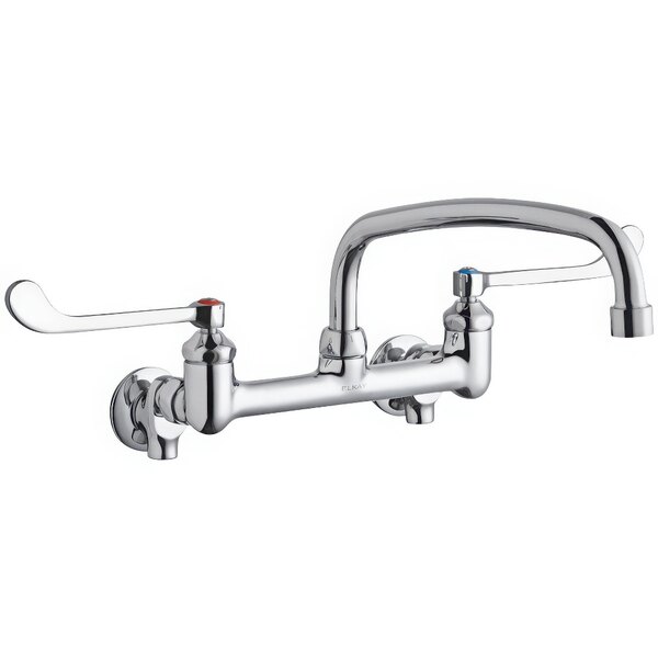 A Zurn Elkay chrome wall-mounted faucet with two wristblade handles and a swing spout.