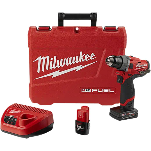 A red and black Milwaukee tool box with a Milwaukee M12 FUEL hammer drill and battery.