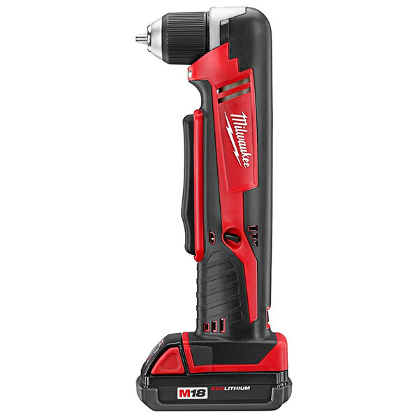 A Milwaukee M18 cordless drill in red and black.