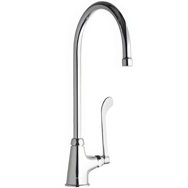 A silver Zurn Elkay deck-mounted faucet with a gooseneck spout and wristblade handle.