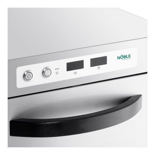 A stainless steel high-temperature underbar glass washer with a digital control panel and a black handle.