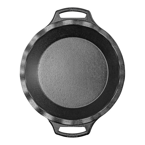 A black round Lodge cast iron pie pan with two handles.