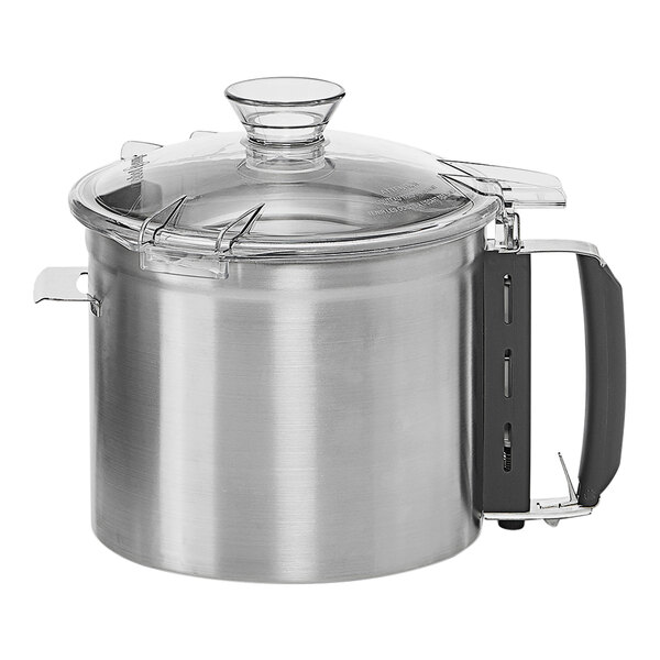 A stainless steel Robot Coupe food processor pot with a lid and handle.