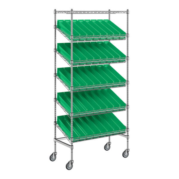 A green and chrome Regency mobile slanted shelf unit with green bins on wheels.