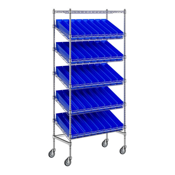 A Regency chrome metal shelf unit with blue bins on wheels.