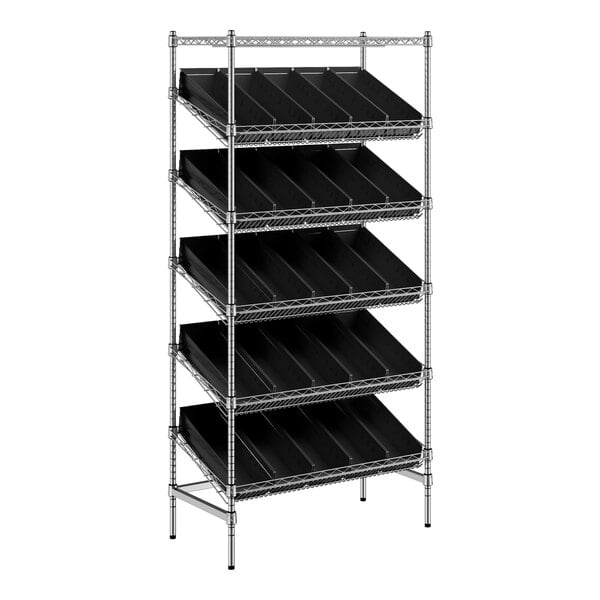 A Regency chrome stationary slanted shelf unit with black trays on three shelves.