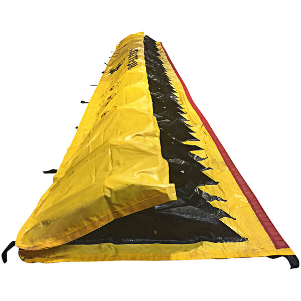 A yellow and black tarp with a black and yellow flag.