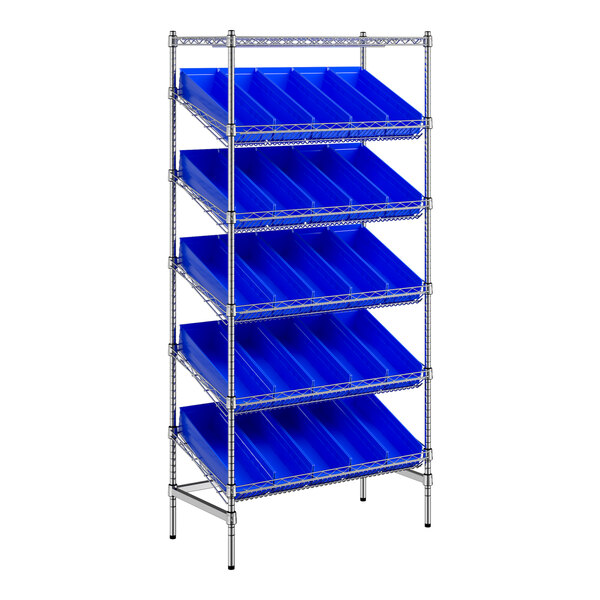 A chrome metal shelving unit with blue plastic bins on metal shelves.