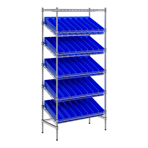 A blue metal shelf with silver metal bars holding blue plastic bins.