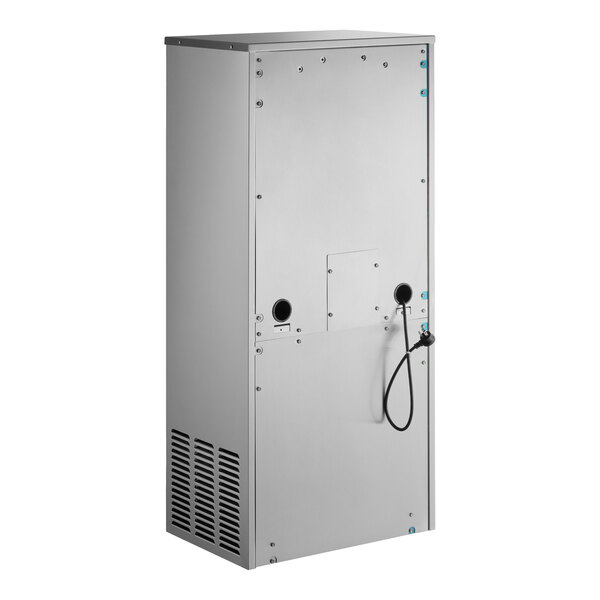 A stainless steel freestanding hands-free filtered bottle filling station with a chilled water feature.