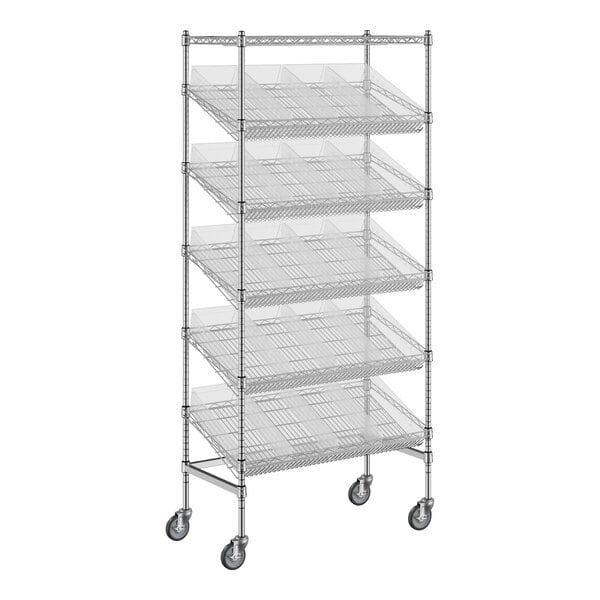 A Regency metal wire rack shelf unit with clear bins on wheels.