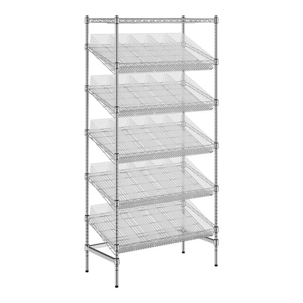 A Regency stationary chrome wire rack shelving unit with slanted shelves holding clear bins.