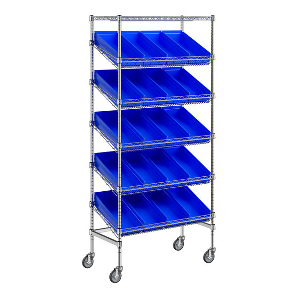 A metal shelving unit with blue trays on wheels.