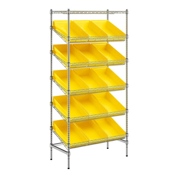 A metal rack with yellow bins on shelves.