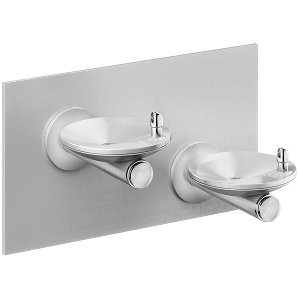 An Elkay stainless steel wall mount drinking fountain with two oval basins.