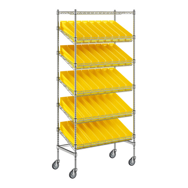 A yellow metal Regency shelf unit with slanted shelves holding yellow bins.