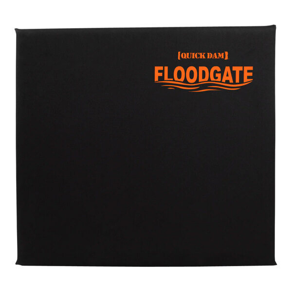 A black rectangular Quick Dam flood gate with orange text.