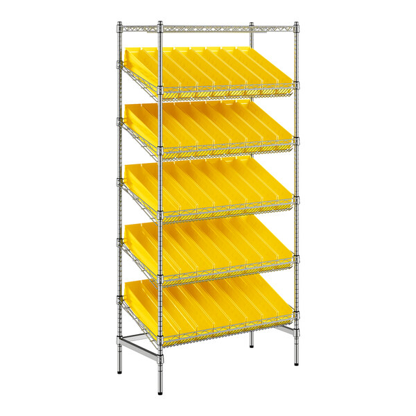 A yellow metal shelf with metal rods holding yellow bins.