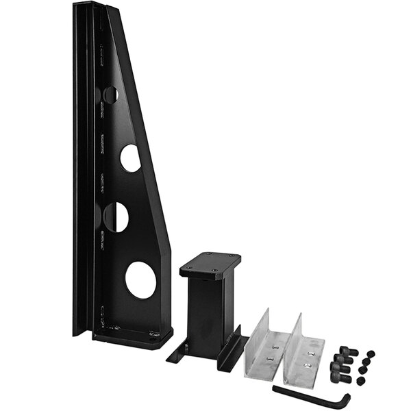 A black metal Quick Dam stanchion bracket with holes.