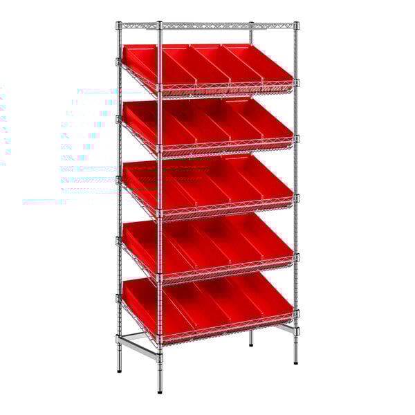 A metal shelving unit with red slanted shelves and bins on white shelves.