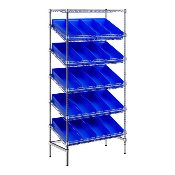 A metal shelving unit with blue plastic bins on the shelves.