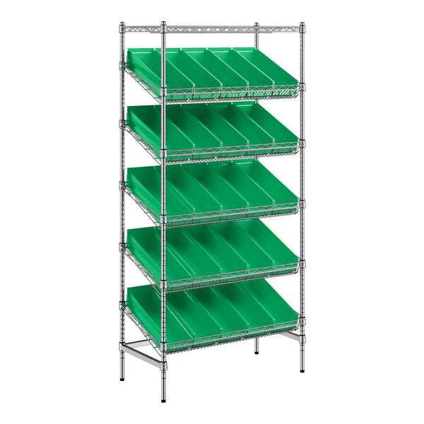 A green metal Regency shelf unit with bins on shelves.