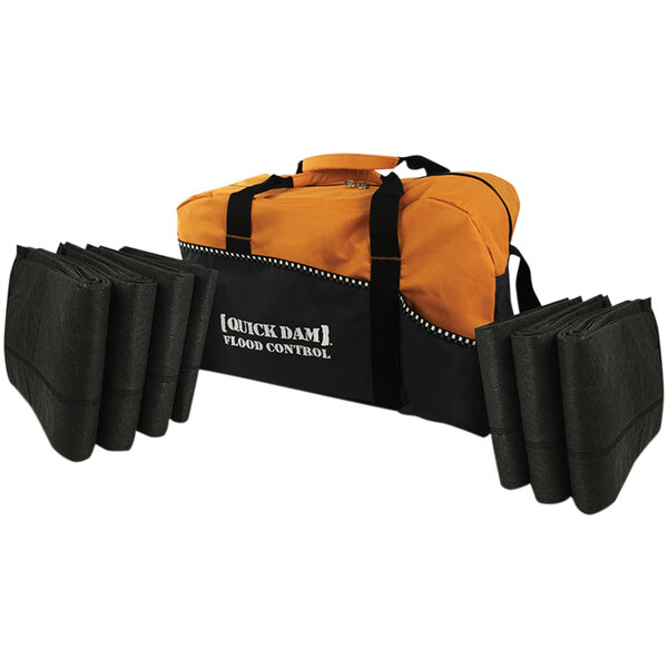 A Quick Dam duffel bag with black straps and 7 black flood barriers inside.