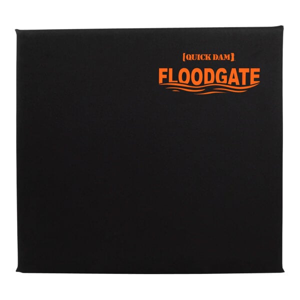 A black rectangular Quick Dam flood gate with orange text.