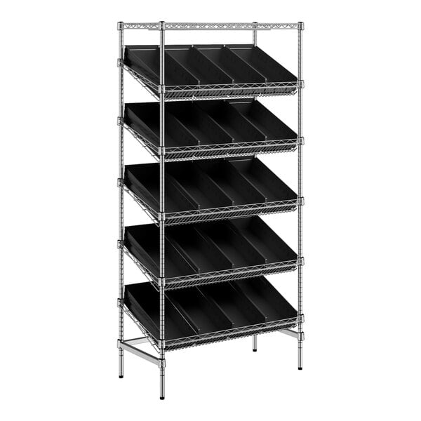 A black stationary chrome shelf unit with black trays on three shelves.