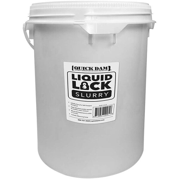 A white Quick Dam Liquid Lock container with a white lid and scoop inside.