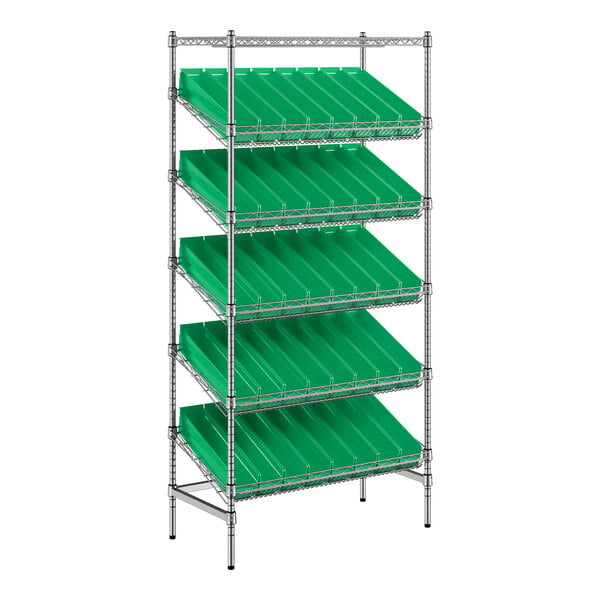 A green metal shelf unit with metal rods holding green bins.