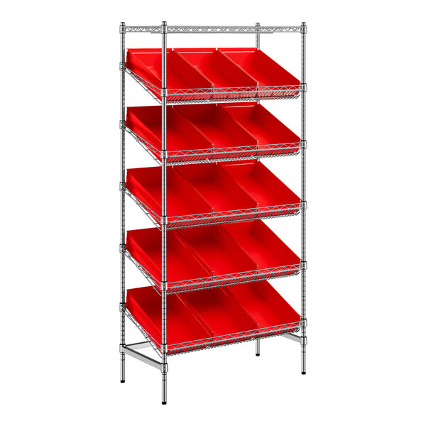 A metal shelf unit with red trays on metal shelves.