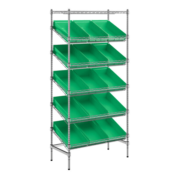 A metal Regency shelving unit with green slanted bins on four shelves.