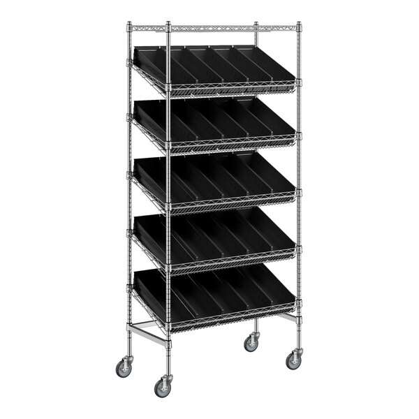 A Regency black metal slanted shelf unit with black bins on wheels.