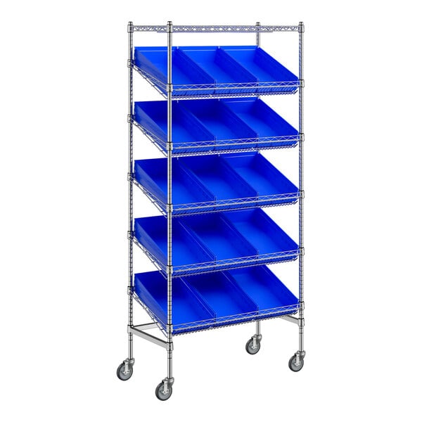 A metal shelving unit with blue bins on wheels.