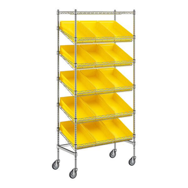 A Regency metal shelving unit with slanted shelves holding yellow bins.
