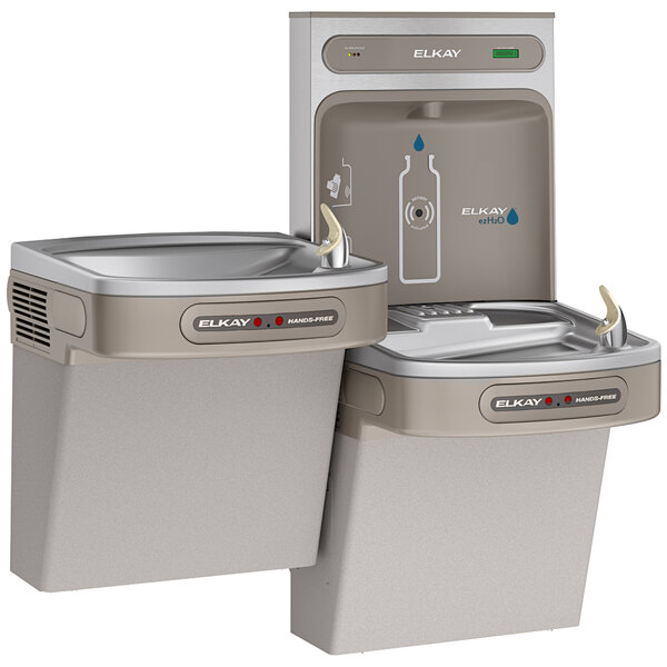 An Elkay light gray bi-level water fountain with a bottle filling station and drinking fountain.