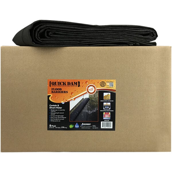 A box with a label that reads "Quick Dam 17' Flood Barrier QD617-8" containing 8 black Quick Dam flood barriers.