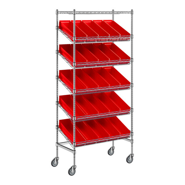 A metal Regency mobile slanted shelf unit with red bins on wheels.