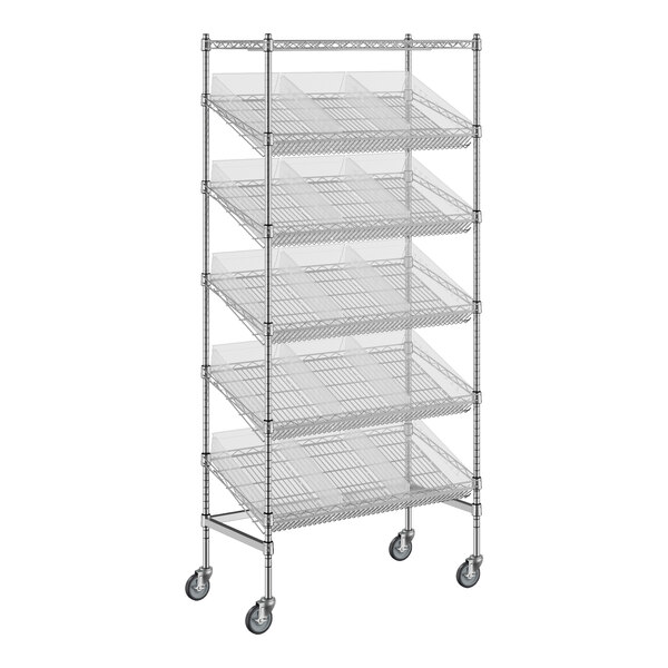 A Regency chrome wire shelving unit with slanted shelves and clear bins on wheels.