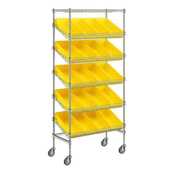 A Regency chrome metal shelf unit with yellow slanted shelves holding yellow bins.