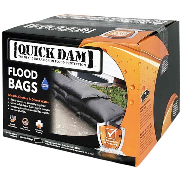 A box of 20 Quick Dam flood bags on a white background.