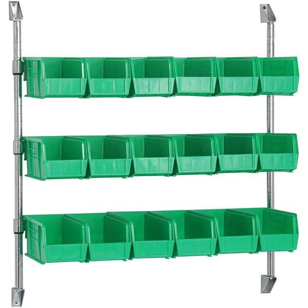 A Quantum wall mount with green plastic bins on metal shelves.