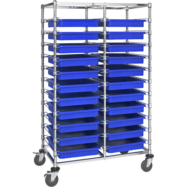 A Quantum metal rack with blue trays on wheels.