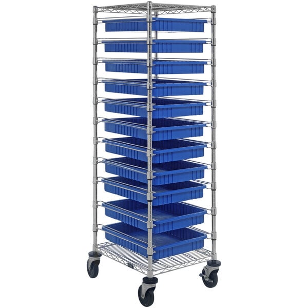 A Quantum mobile cart with blue divider bins on a metal rack.