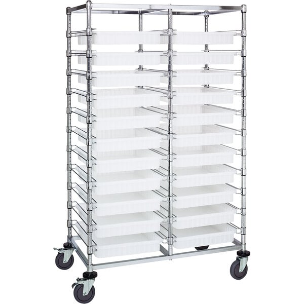 A metal Quantum double bin cart with clear plastic trays on wheels.